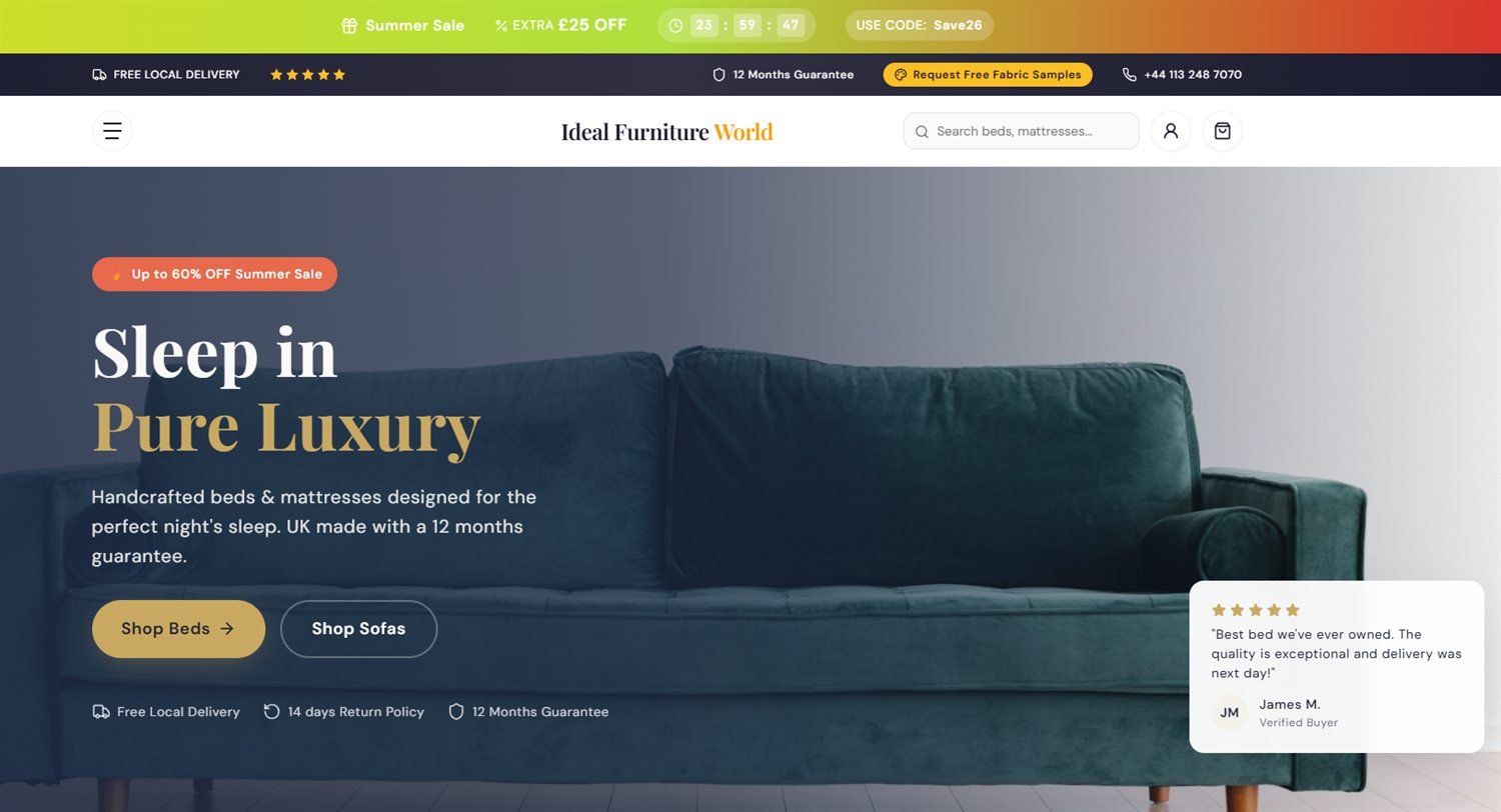 Ideal Furniture World Shopify store, a Hulk Marketing build