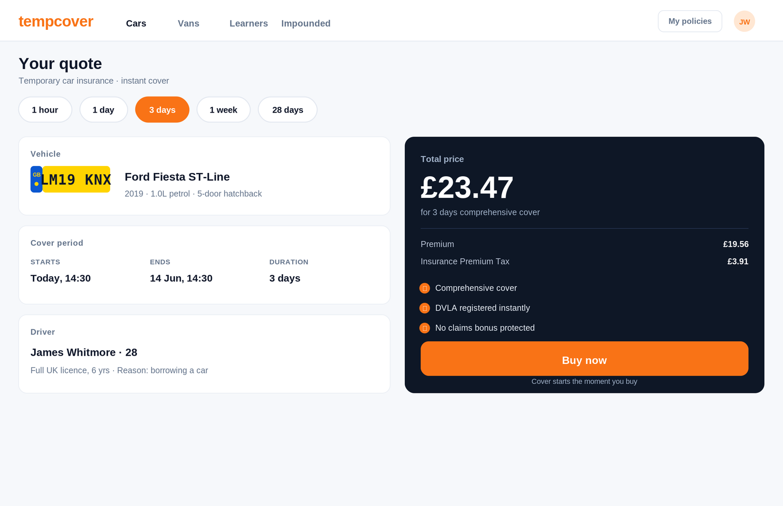 Tempcover dashboard